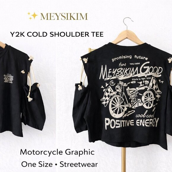 MeysiKim Cold Shoulder Graphic Tee  Black /One Size /Y2K - Picture 2 of 7